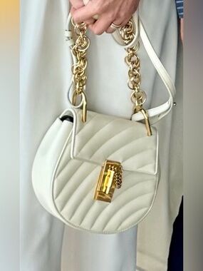 Chloe Drew Bijou White Quilted Leather Saddle Bag with Gold Chain
